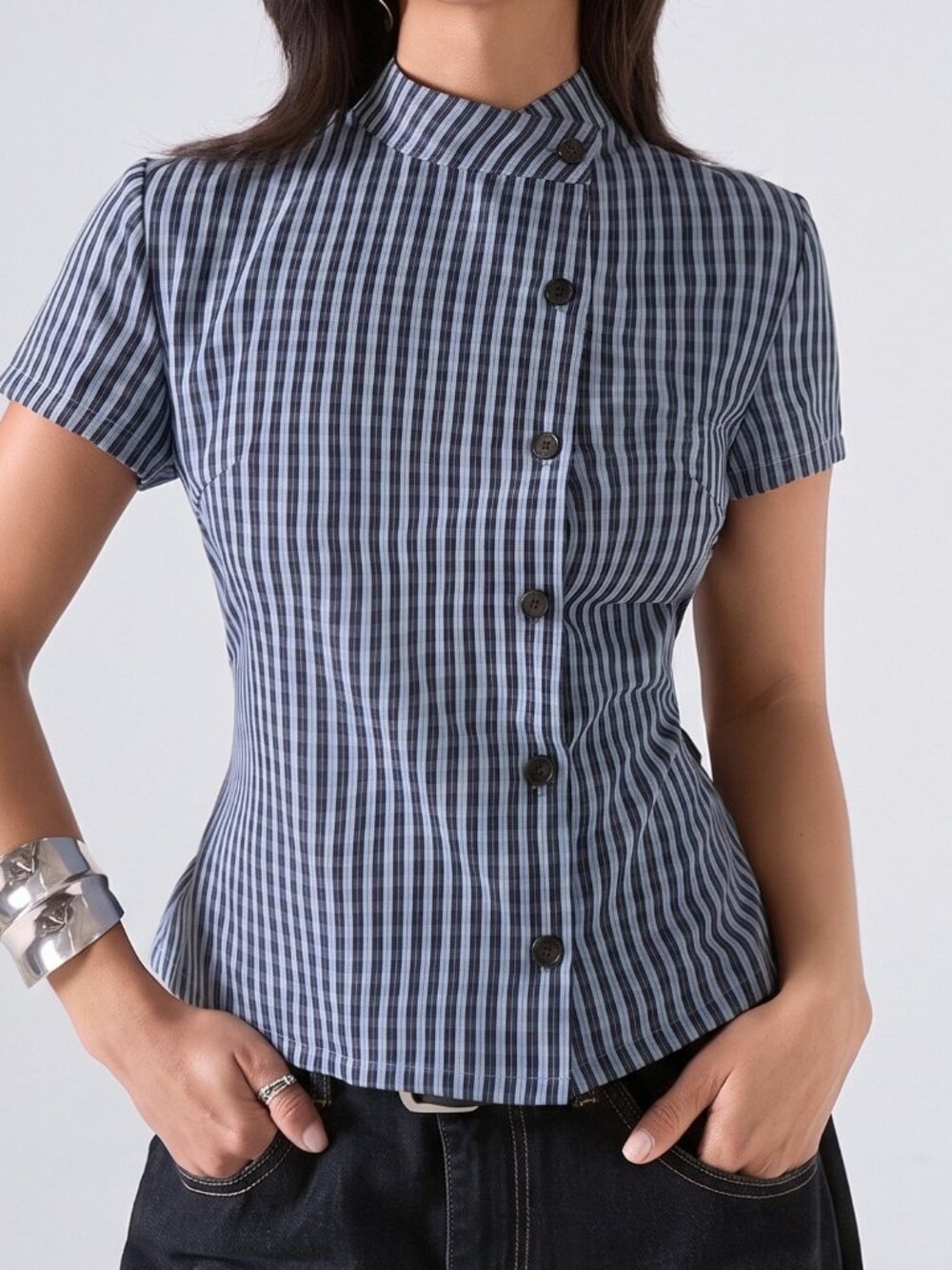 Blue Casual Women's Stand Collar Regular Fit Shirt Blouse - Picture 8 of 8
